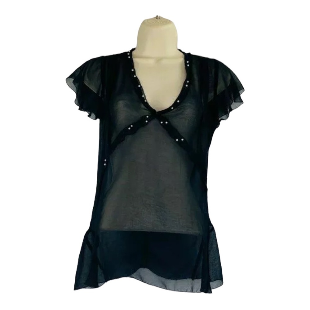 ZARA W&B Collection Chiffon Sheer Short Sleeve Top Embellished w/ Faux Pearls S - Picture 2 of 10